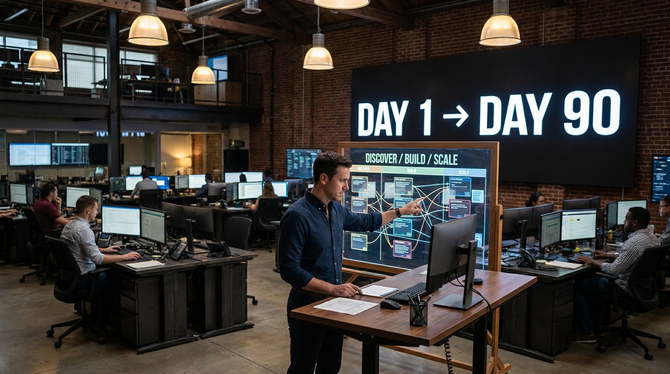Operations floor with a DAY 1 to DAY 90 countdown timeline and an operator reviewing a 3-phase Discover/Build/Scale project board