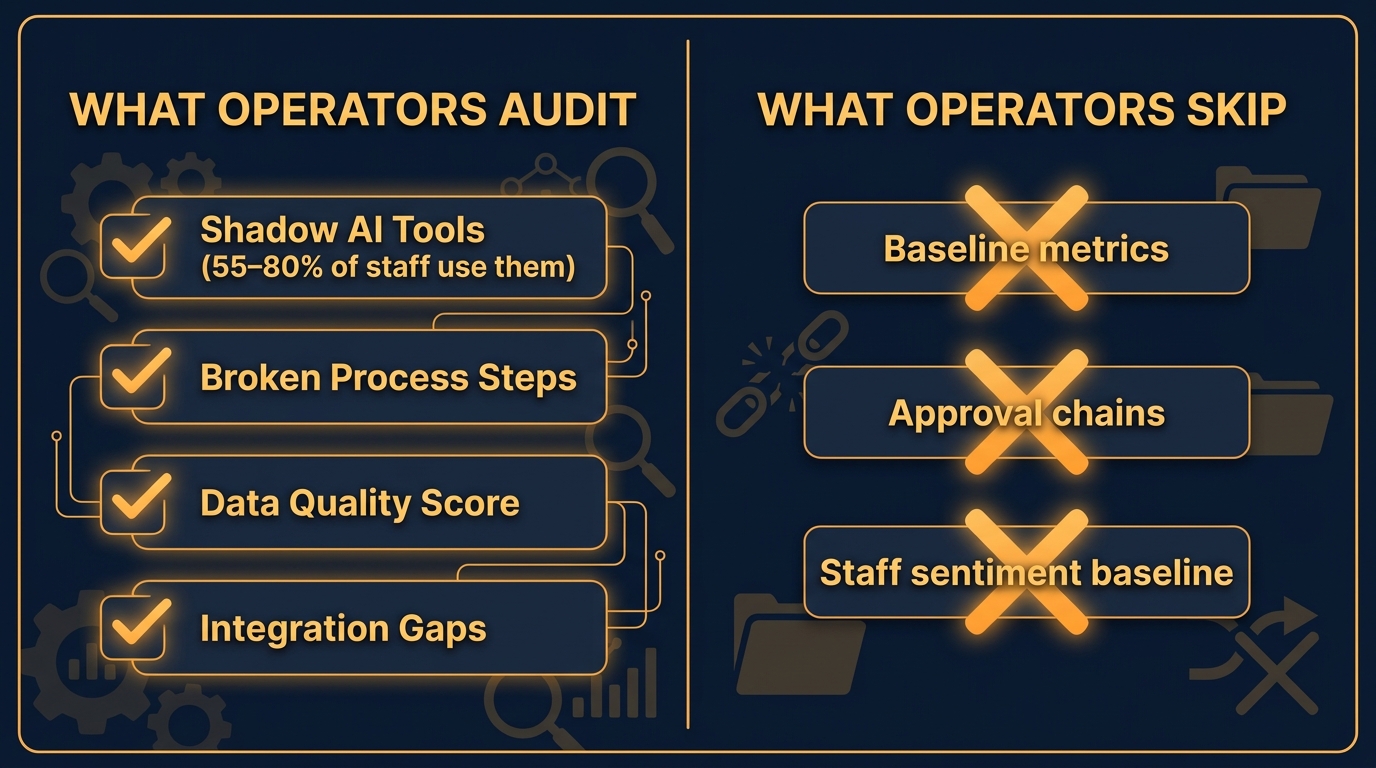 Split-screen infographic showing what operators audit versus what they skip before an AI automation rollout