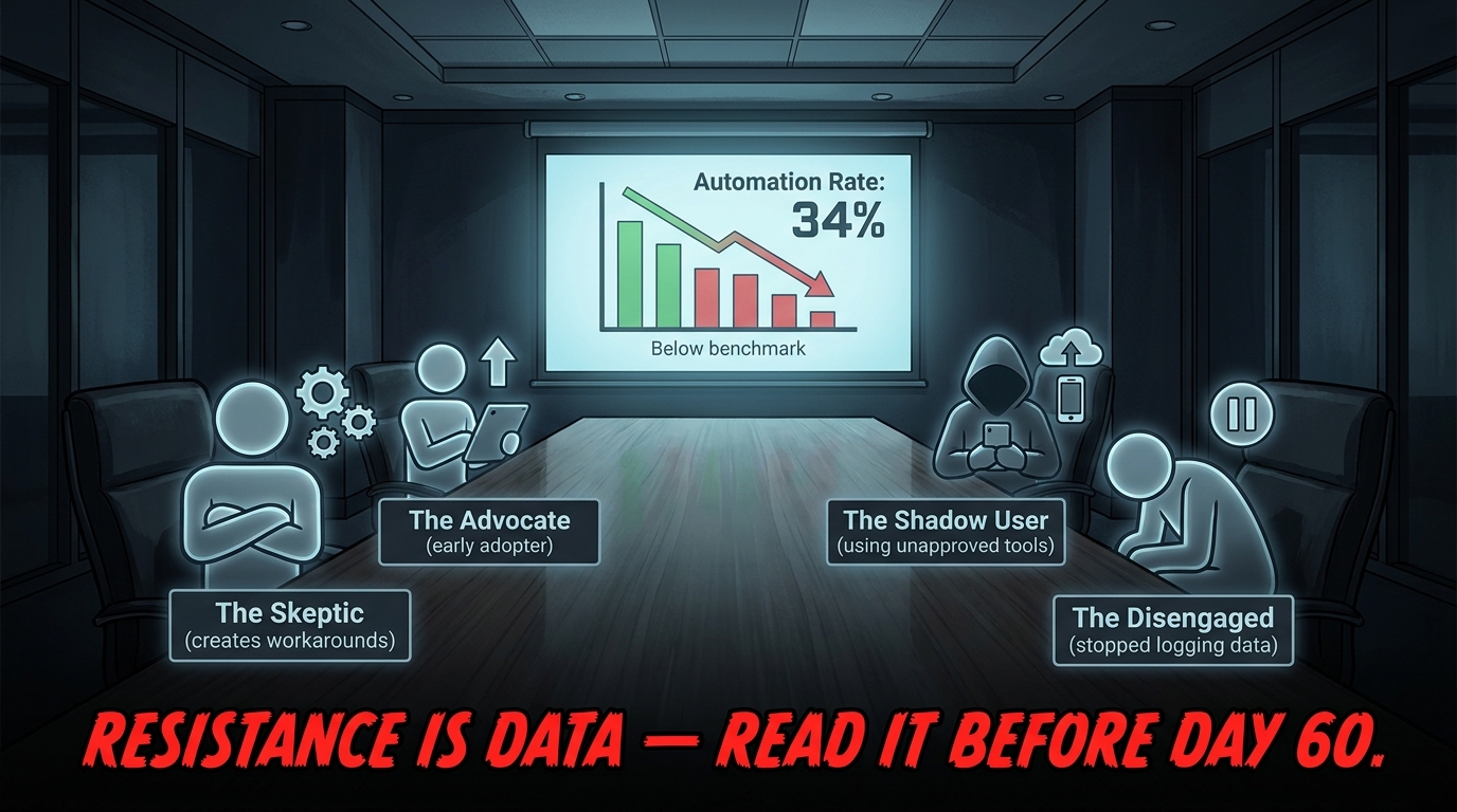 Meeting room illustration showing four operator archetypes: The Skeptic, The Advocate, The Shadow User, and The Disengaged, with the message RESISTANCE IS DATA — READ IT BEFORE DAY 60