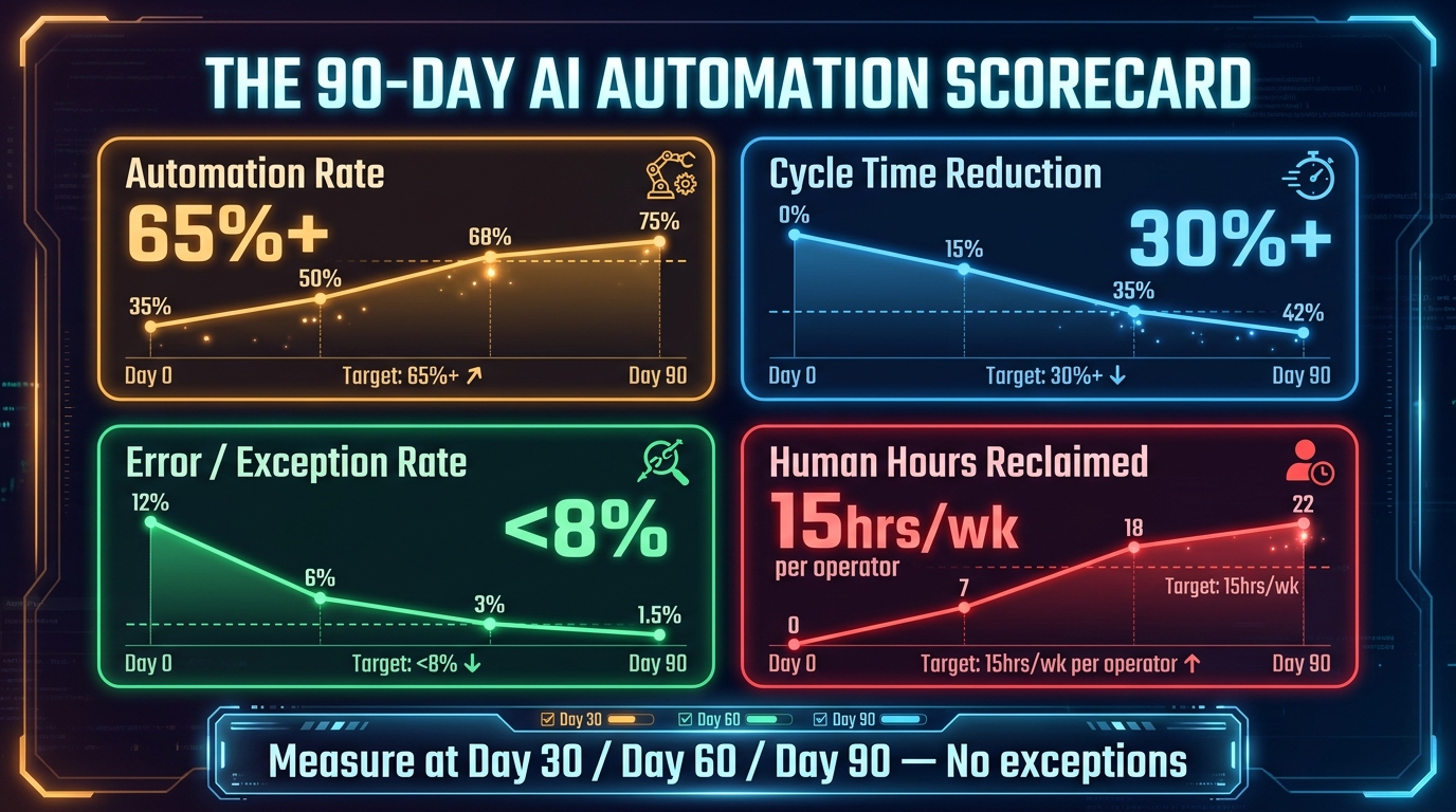 90-Day AI Automation Scorecard dashboard showing four KPI tiles: Automation Rate 65%+, Cycle Time Reduction 30%+, Error/Exception Rate under 8%, and Human Hours Reclaimed at 15 hours per week per operator