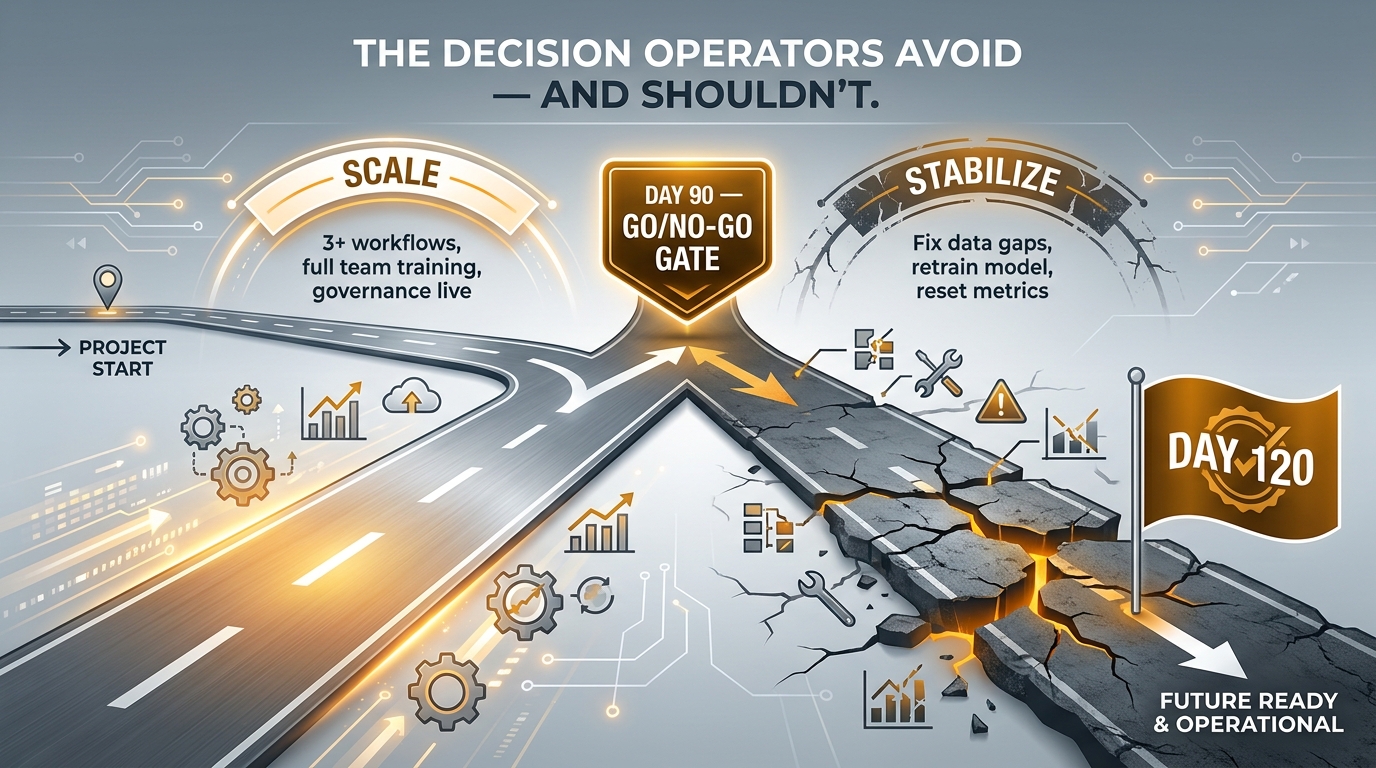 Fork in the road infographic showing the Day 90 Go/No-Go gate with a paved SCALE path (3+ workflows, full training, governance live) and a cracked STABILIZE path (fix data gaps, retrain model, reset metrics) both ending at Day 120