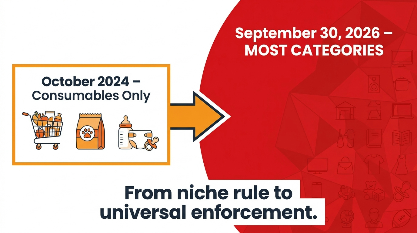 Amazon bundle policy timeline from 2024 consumables-only enforcement to September 2026 universal enforcement across most categories