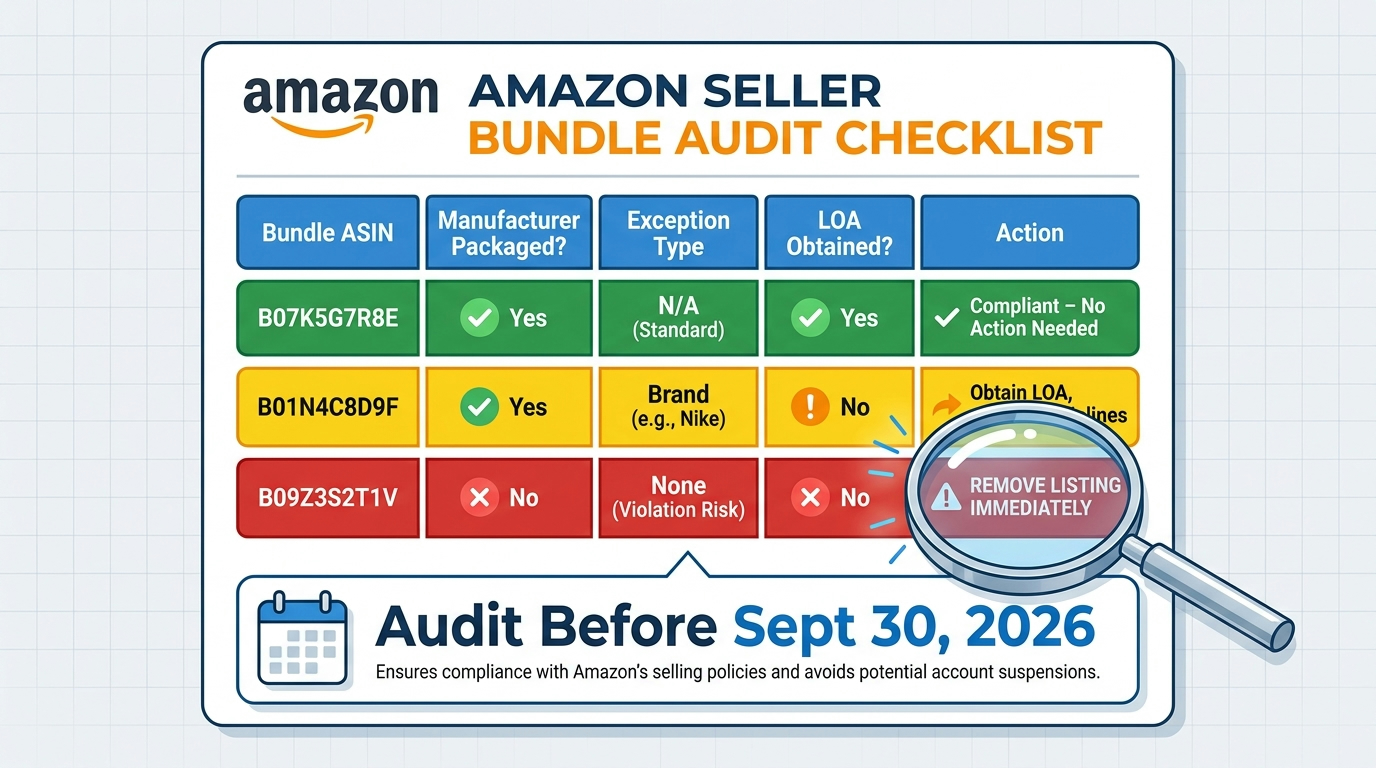 Amazon bundle ASIN audit checklist with color-coded rows showing compliant, needs LOA, and must-remove bundle listings before September 30 2026