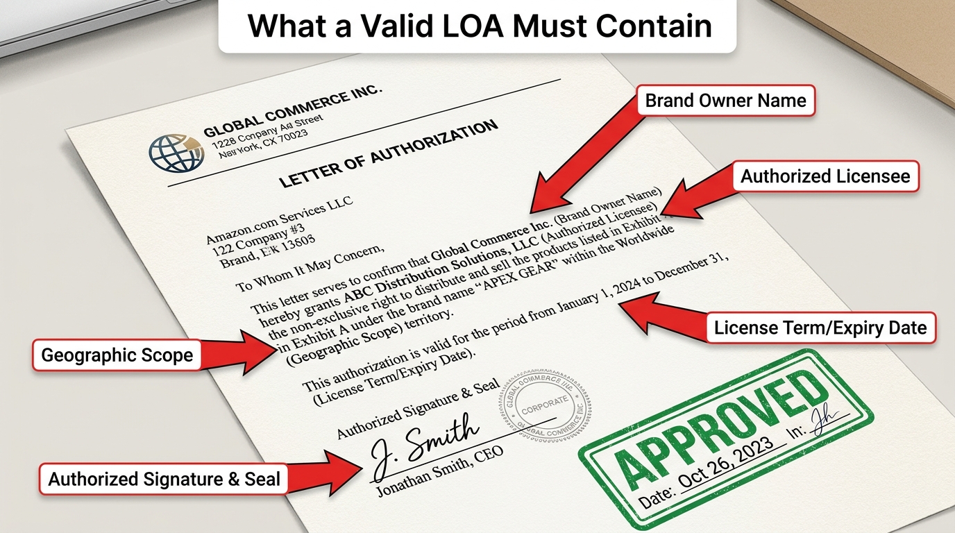 Amazon bundle Letter of Authorization LOA document with callout arrows showing required elements: brand owner name, authorized licensee, geographic scope, license term, and authorized signature