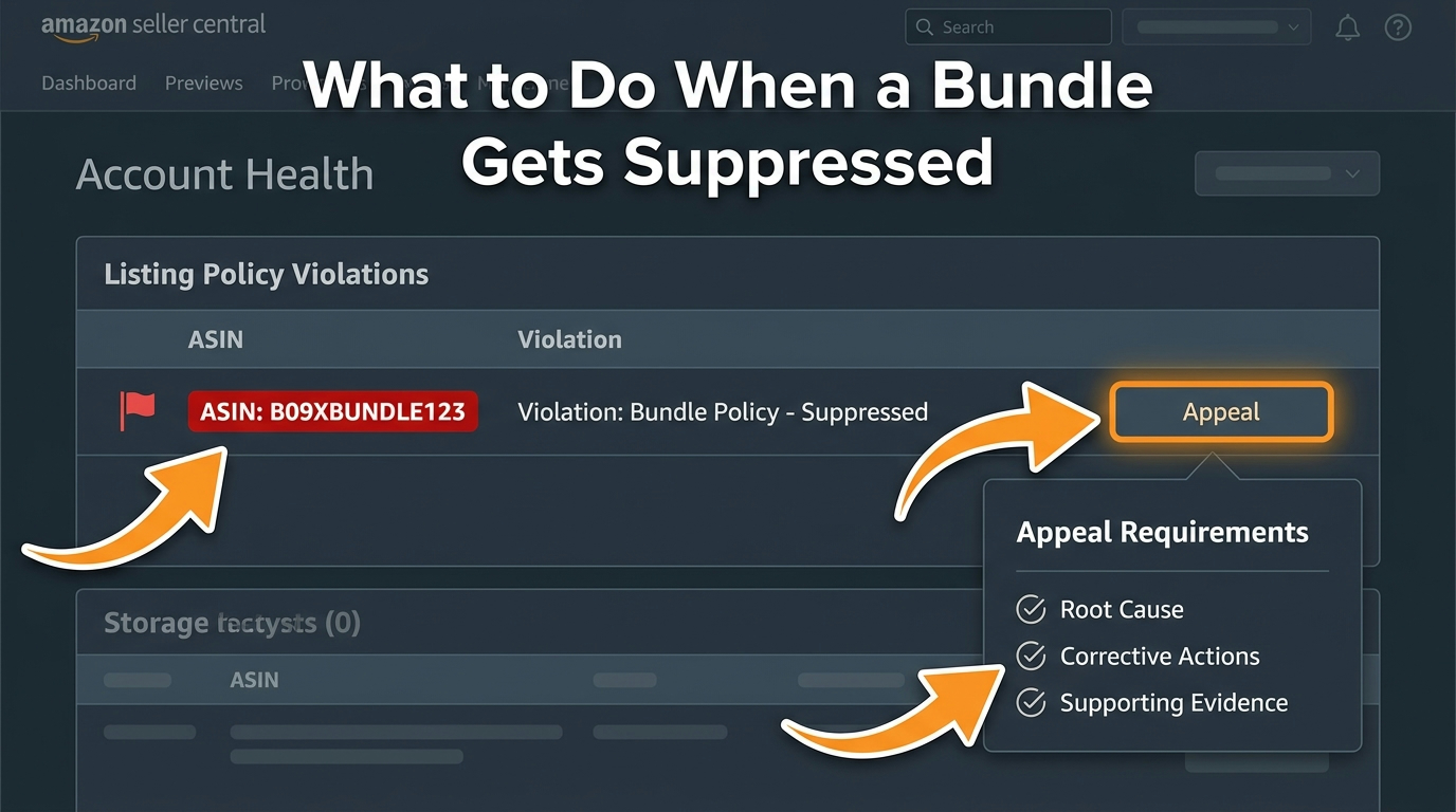 Amazon Account Health dashboard showing a bundle listing policy violation with appeal button highlighted and required elements: root cause, corrective actions, supporting evidence