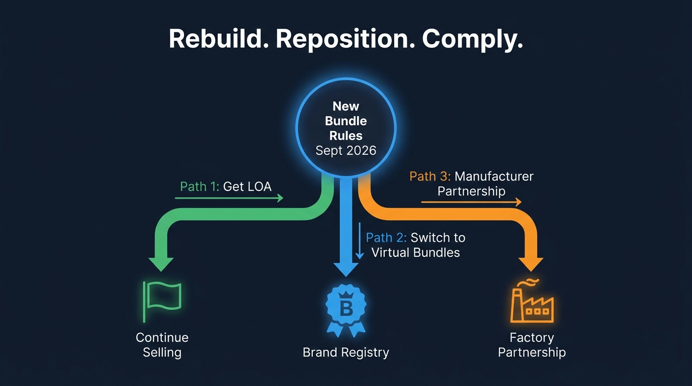Amazon bundle strategy roadmap showing three post-compliance paths: Get LOA, Switch to Virtual Bundles, or Manufacturer Partnership - each leading to compliant selling after September 2026