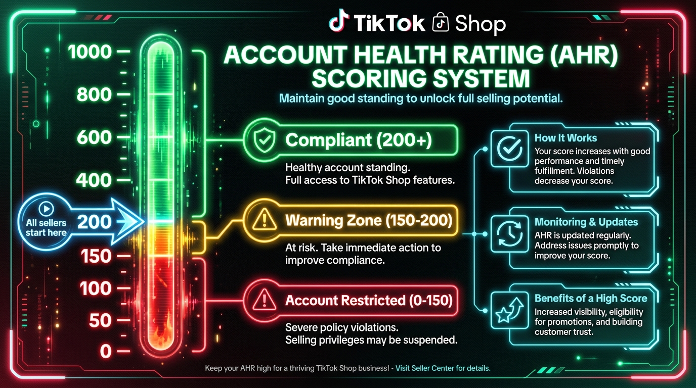 TikTok Shop Account Health Rating AHR scoring scale from 0 to 1000 with compliance zones