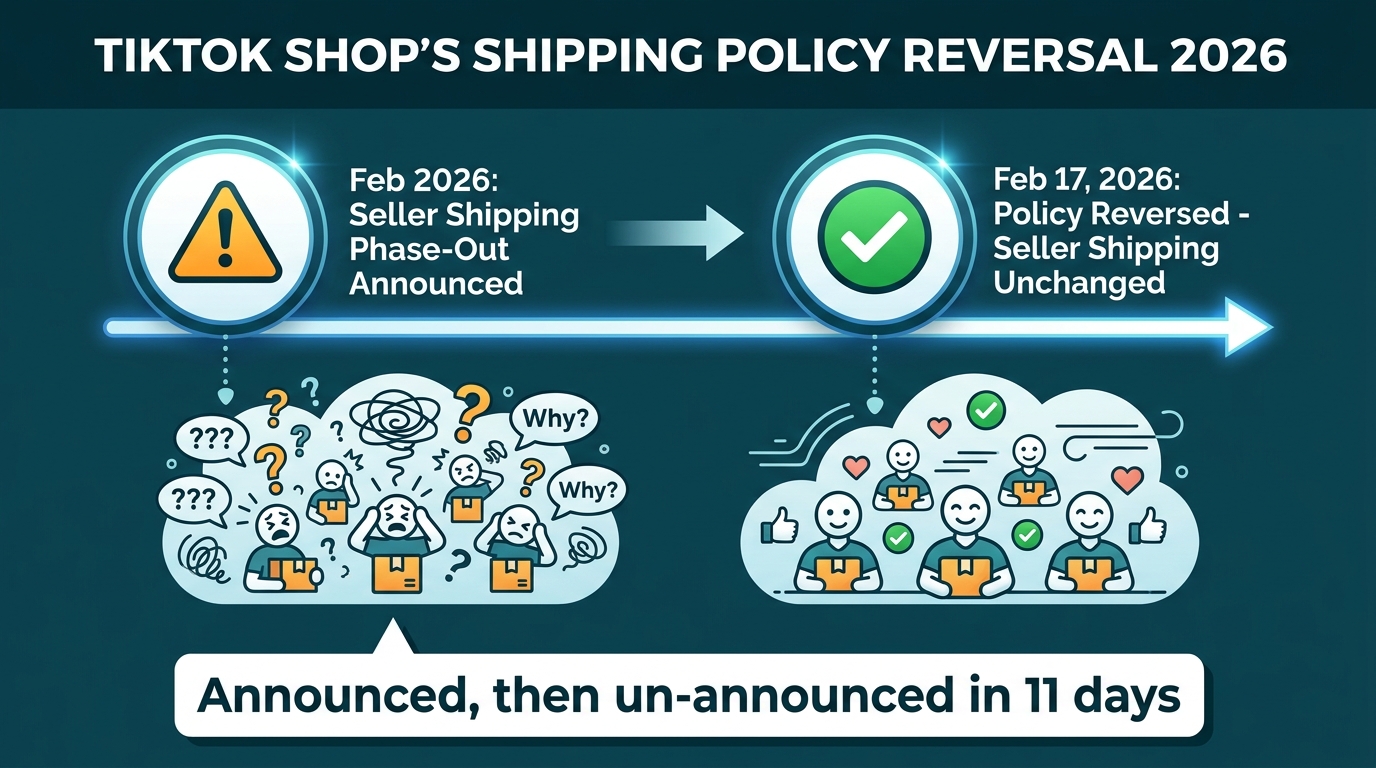 Timeline showing TikTok Shop shipping policy announced then reversed in February 2026