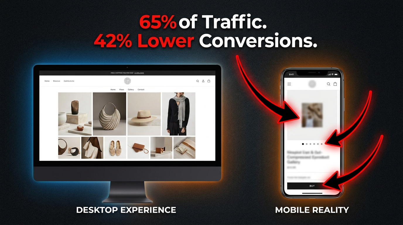 Split-screen showing desktop vs mobile product gallery with stat: 65% of Traffic, 42% Lower Conversions