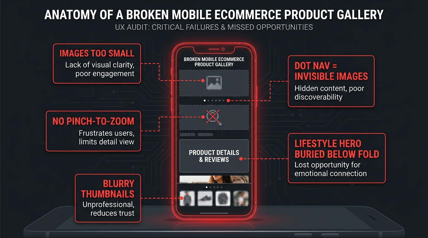 Annotated wireframe of a broken mobile product gallery showing common UX failures including tiny images, dot navigation, and no pinch-to-zoom