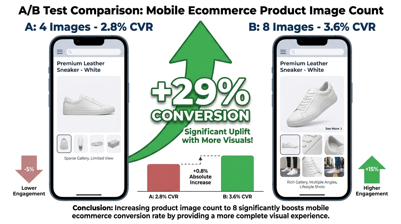 A/B test infographic comparing 4-image gallery at 2.8% conversion versus 8-image gallery at 3.6% conversion rate with +29% uplift