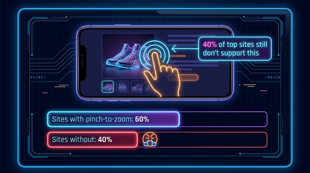 Mobile ecommerce pinch-to-zoom gesture diagram showing 40% of top sites lack this feature, with bar chart comparing supported vs unsupported sites