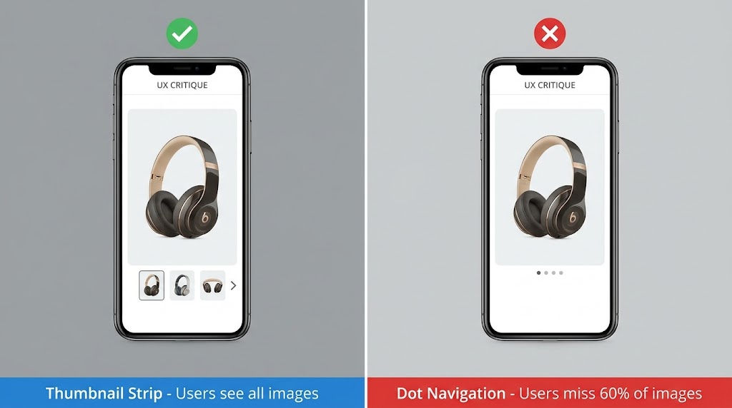 Comparison of thumbnail strip navigation versus dot navigation on mobile product gallery, showing thumbnail strip labeled with green checkmark and dot navigation with red X