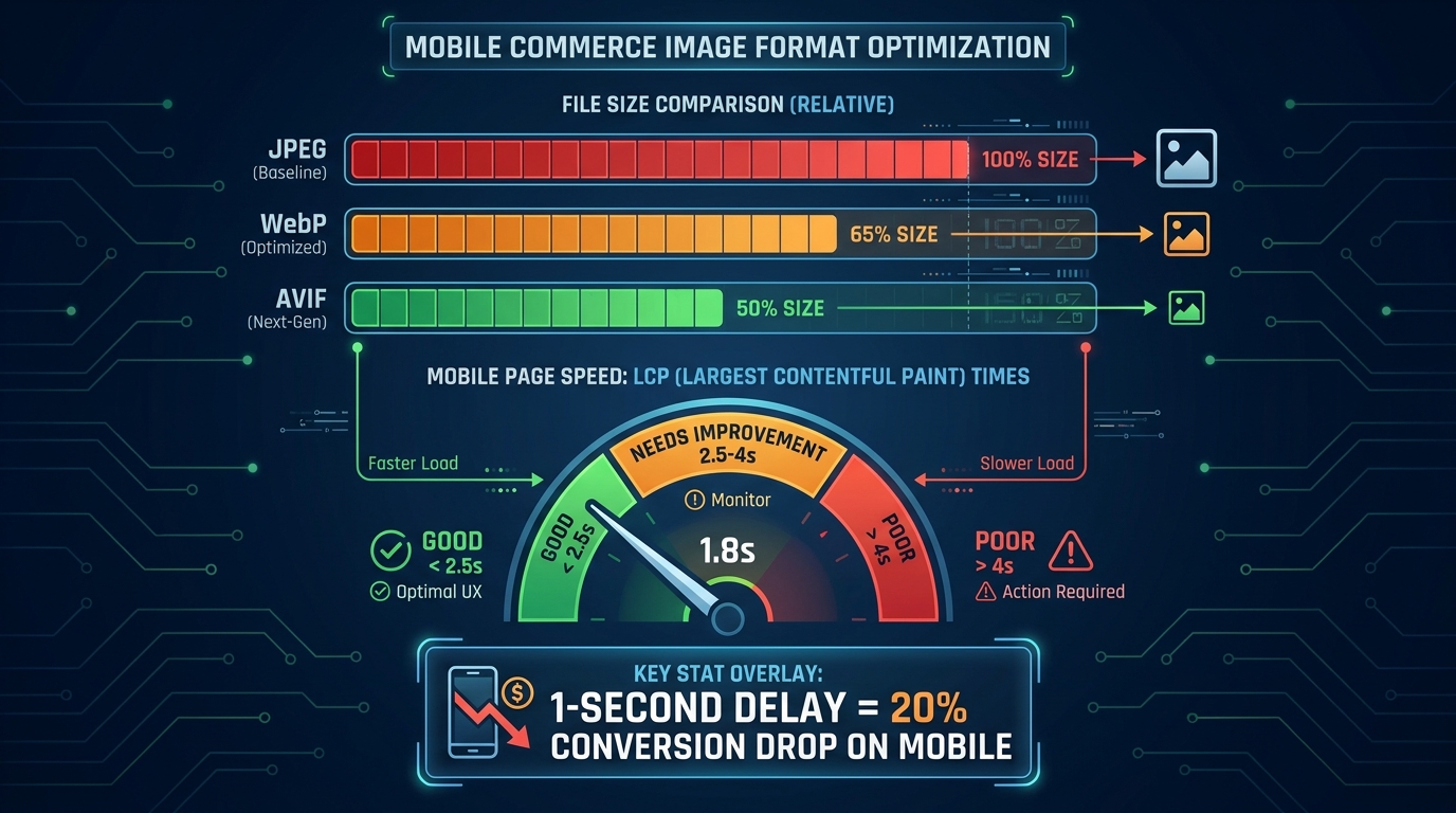 Technical infographic showing image format file size comparison: JPEG 100%, WebP 65%, AVIF 50%, plus LCP speedometer and stat showing 1-second delay equals 20% conversion drop