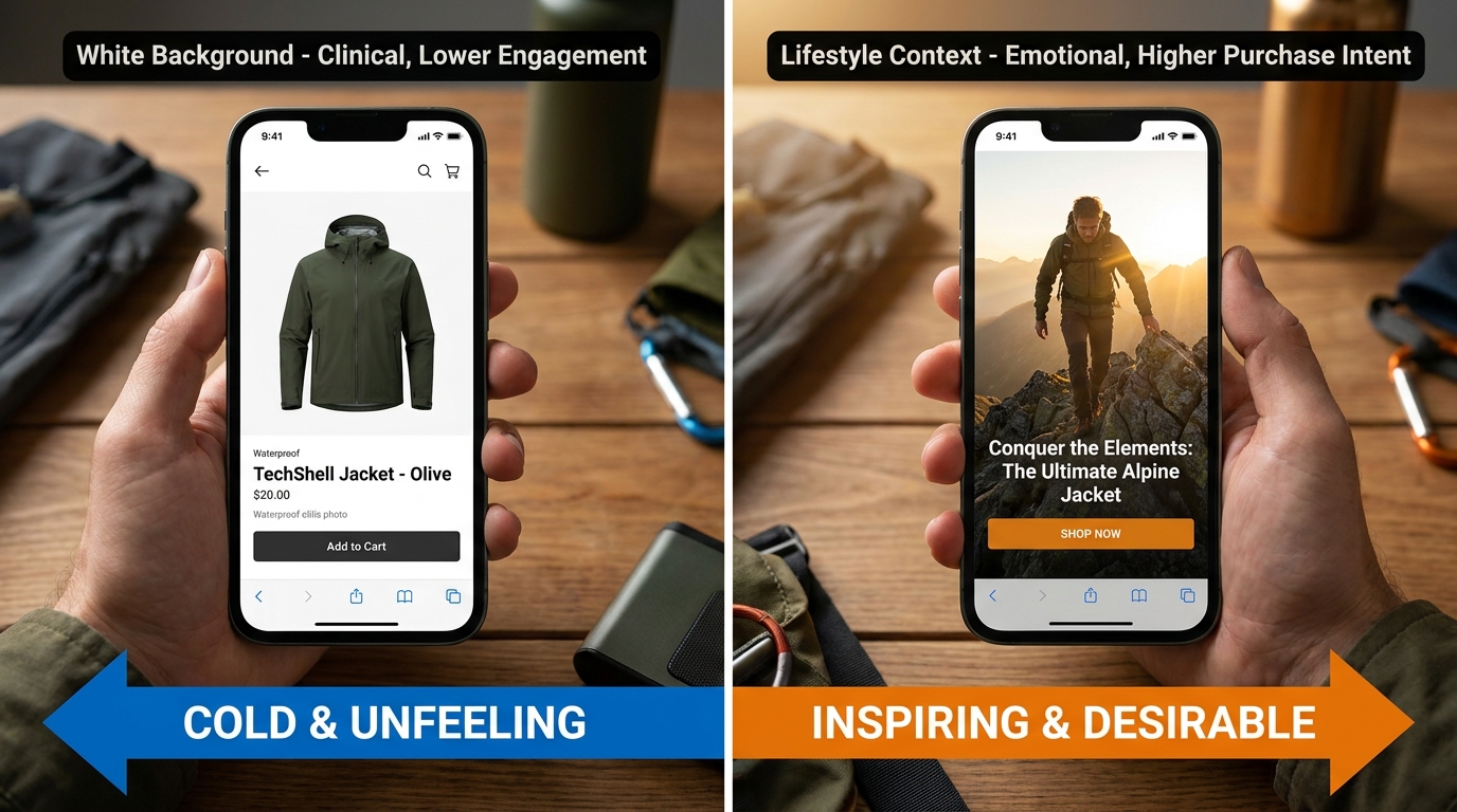 Side-by-side comparison of white background studio product shot versus lifestyle contextual image on mobile, showing emotional impact difference