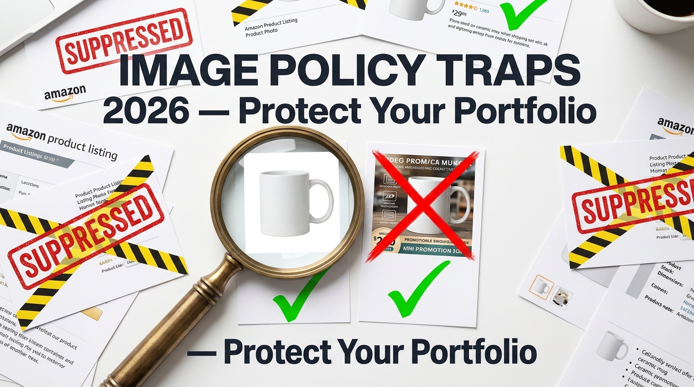 Amazon image policy traps 2026 — suppressed listings with red warning stamps and compliance checkmarks across a product catalog