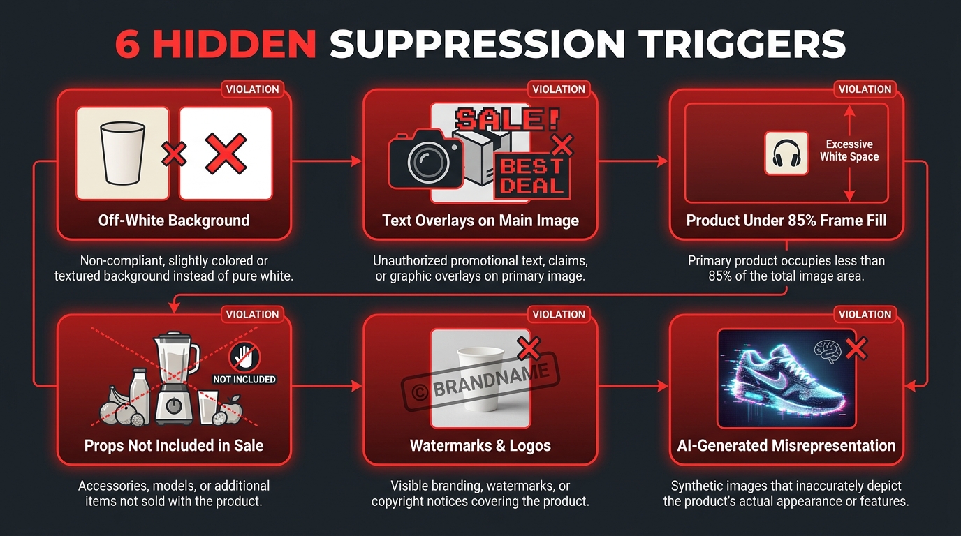 Six hidden Amazon image suppression triggers in 2026 — infographic showing off-white background, text overlays, frame fill, props, watermarks, and AI misrepresentation violations