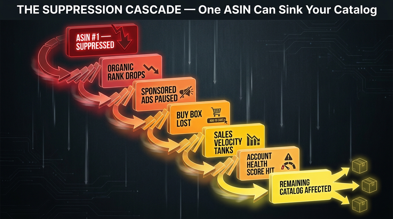 Amazon suppression cascade diagram showing how one suppressed ASIN triggers organic rank drops, ad pauses, Buy Box loss, and account health deterioration
