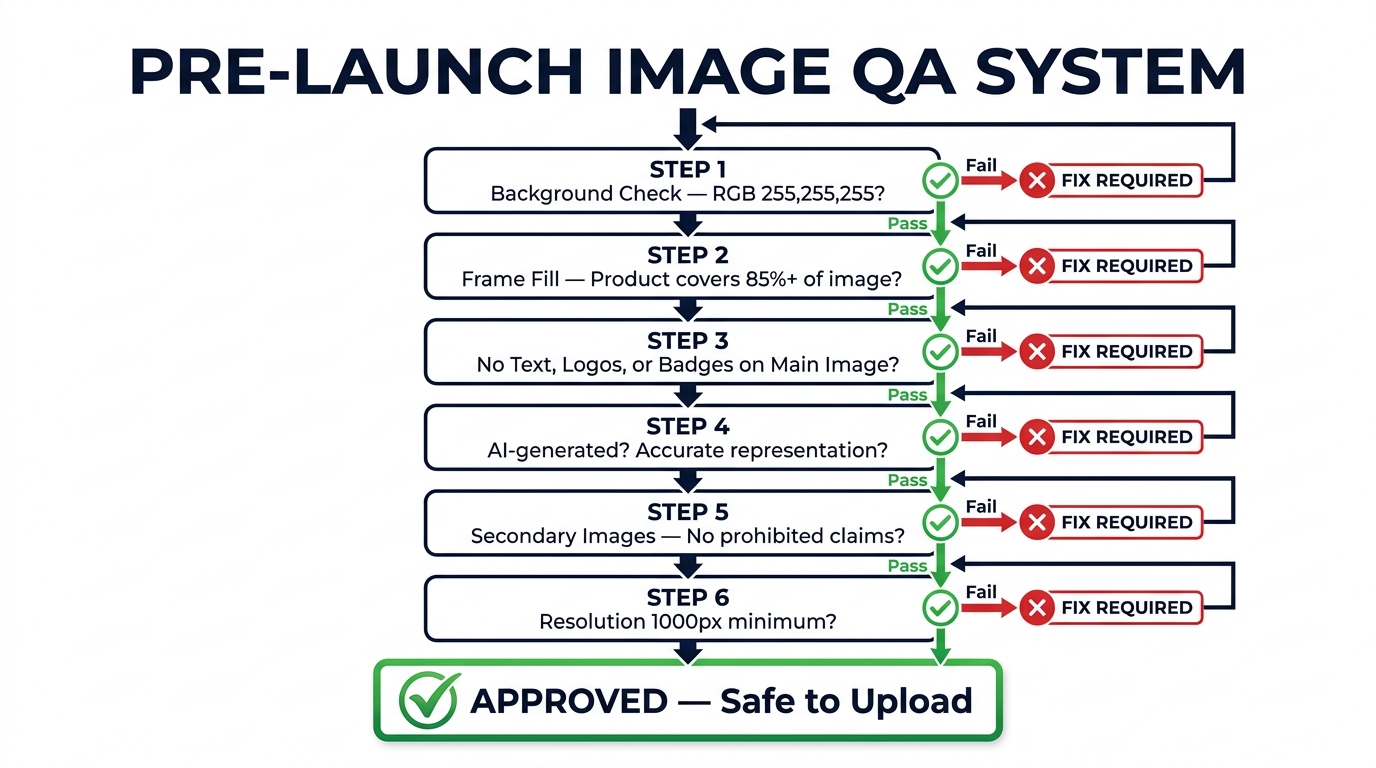 Pre-launch image QA system flowchart for Amazon 2026 compliance — step-by-step checklist from background verification to upload approval