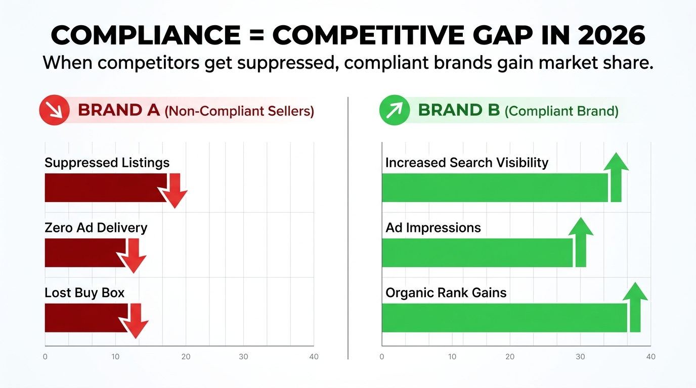 Competitive advantage bar chart showing compliant brands gaining organic rank and ad impressions while non-compliant sellers face suppression in 2026