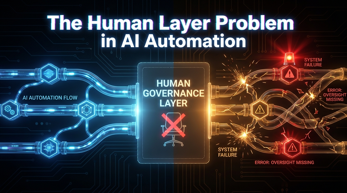 Split scene showing AI automation pipeline working perfectly on one side and breaking down on the other due to a missing human governance layer