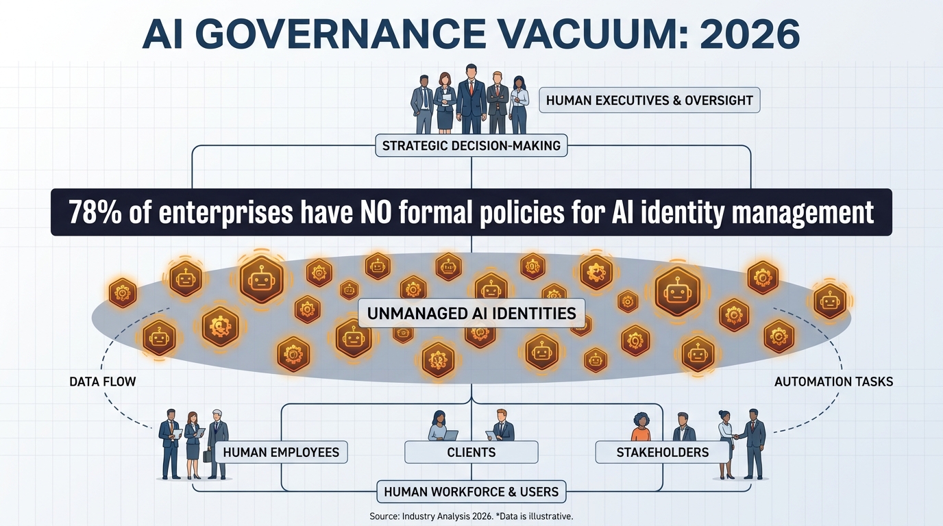 Infographic showing 78% of enterprises have no formal policies for AI identity management, with unmanaged AI agents floating without oversight in an org chart