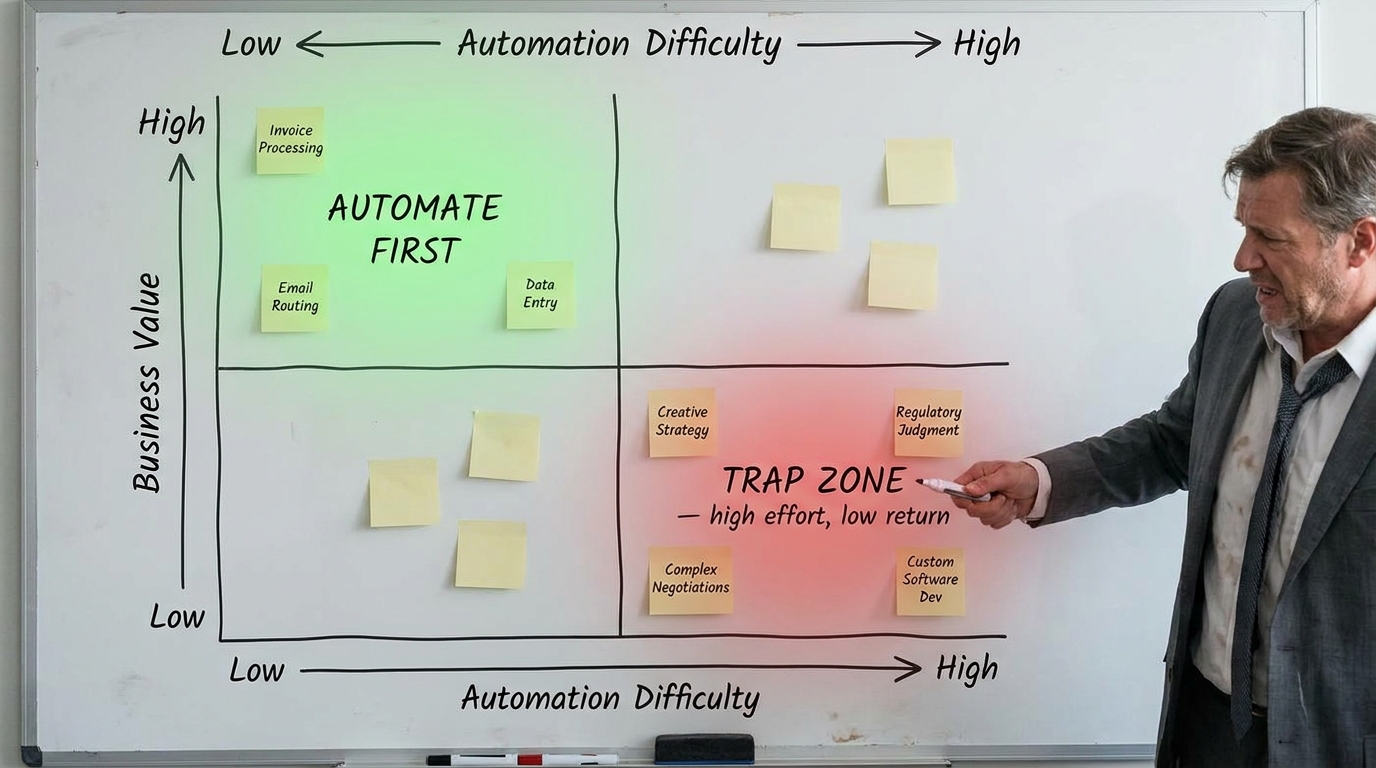 Business automation task-selection matrix showing green AUTOMATE FIRST quadrant versus red TRAP ZONE where most companies mistakenly start