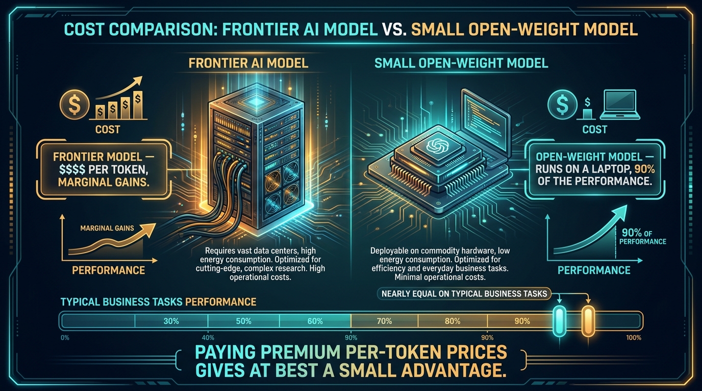 Cost comparison infographic: massive frontier AI model versus compact open-weight model, showing near-equal performance for typical business tasks at drastically different price points
