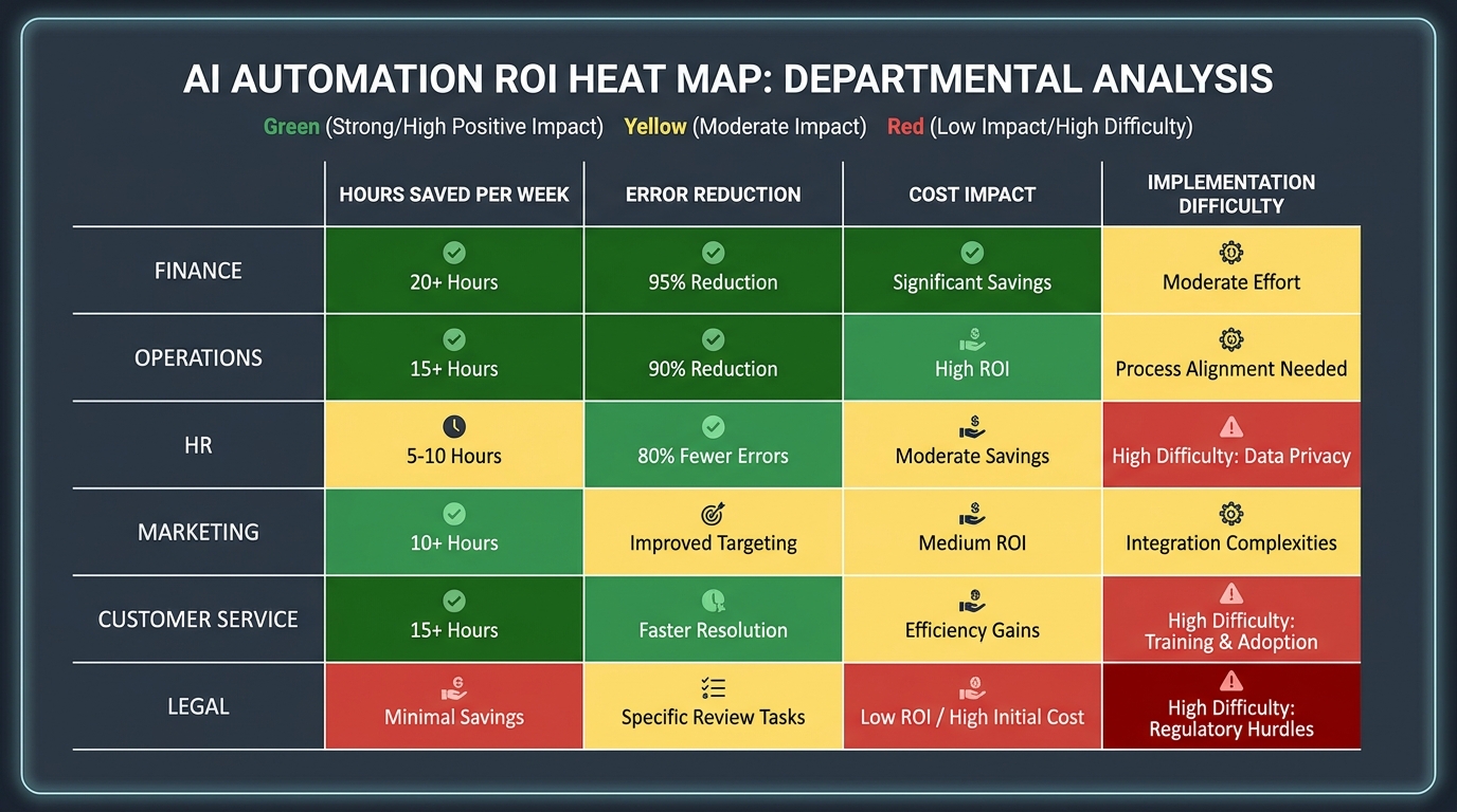 Department-by-department ROI heat map of AI automation showing Finance and Operations as strongest performers, with Legal as most difficult