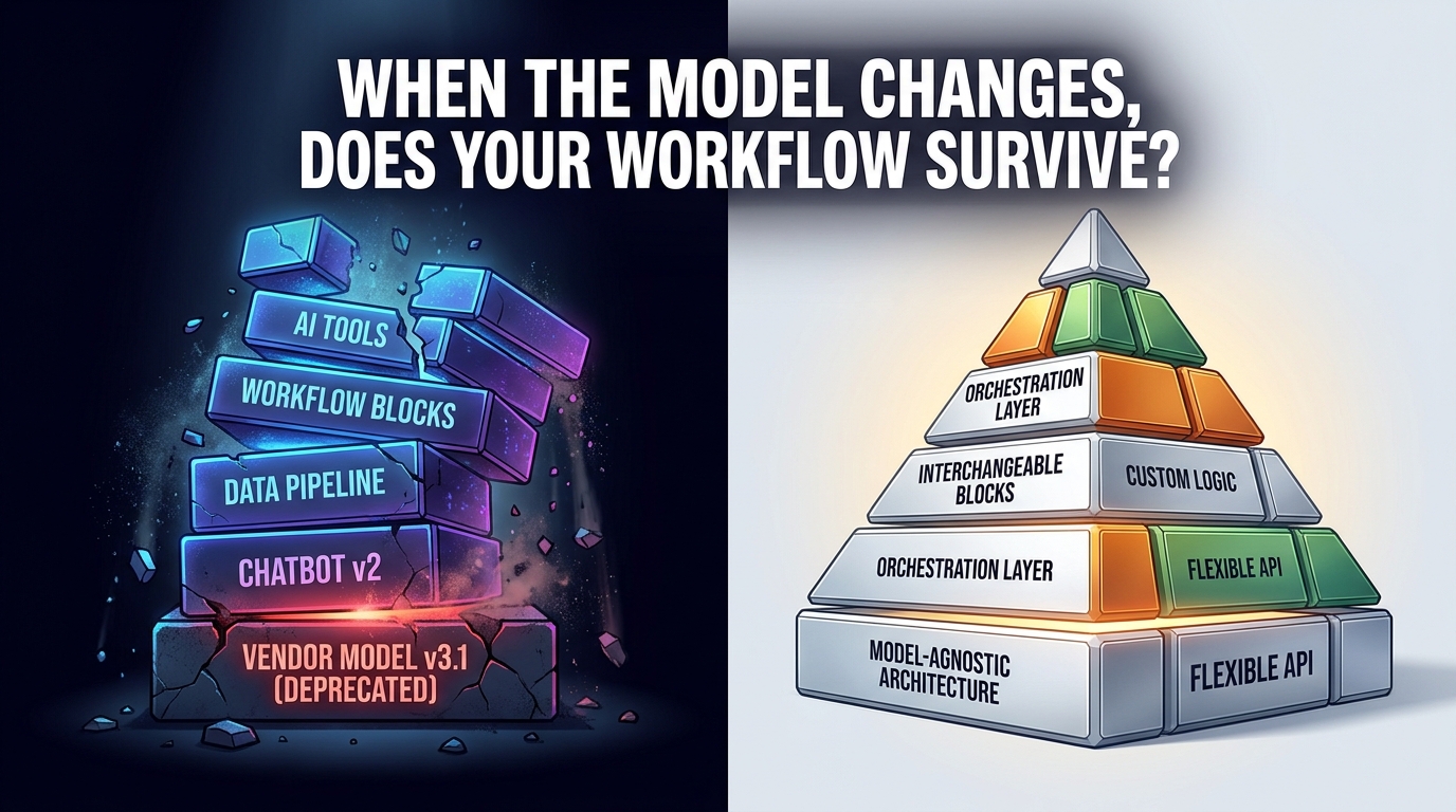 AI automation stack collapsing on the left due to model deprecation, versus a stable model-agnostic architecture standing firm on the right