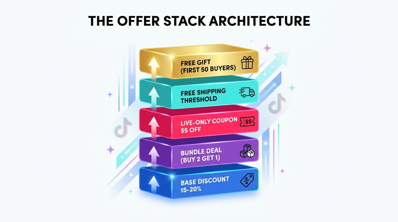 TikTok Shop live offer stack architecture with layered discount, bundle, coupon, free shipping, and free gift tiers