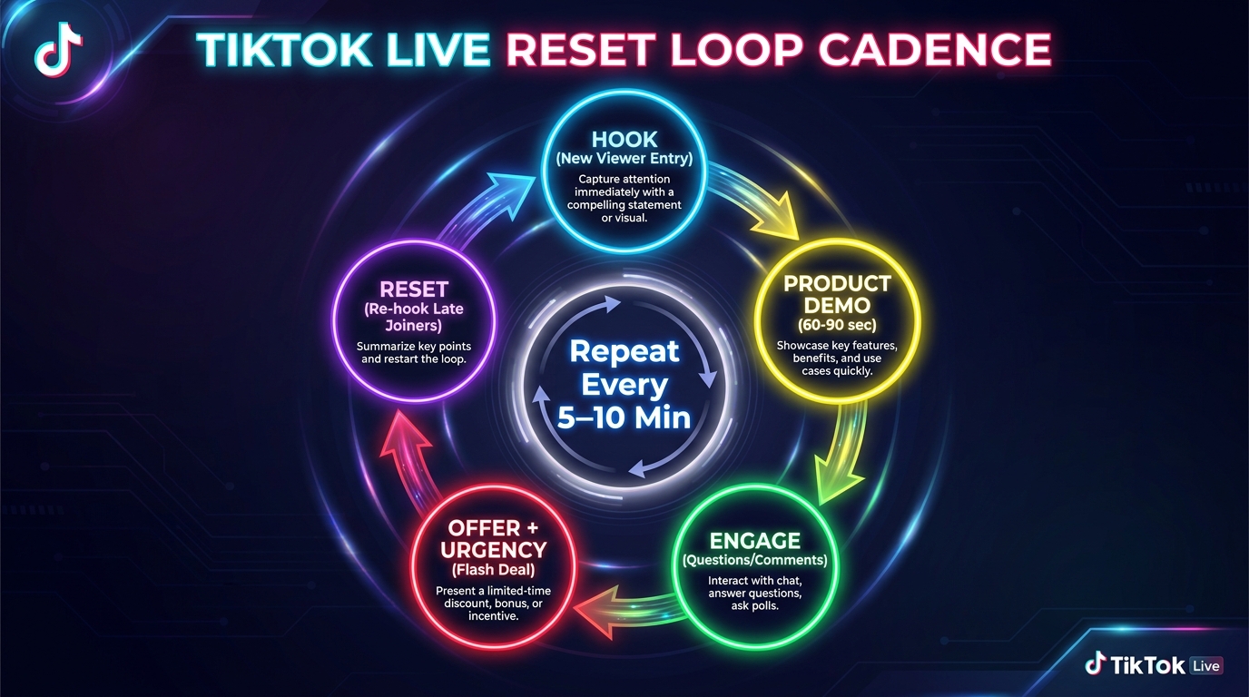 TikTok Live reset loop cadence diagram showing hook, demo, engage, offer, and reset cycle