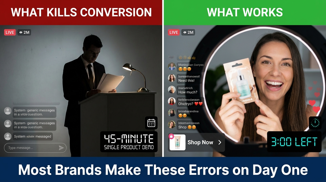 Split comparison showing TikTok Live mistakes versus what actually works for conversion