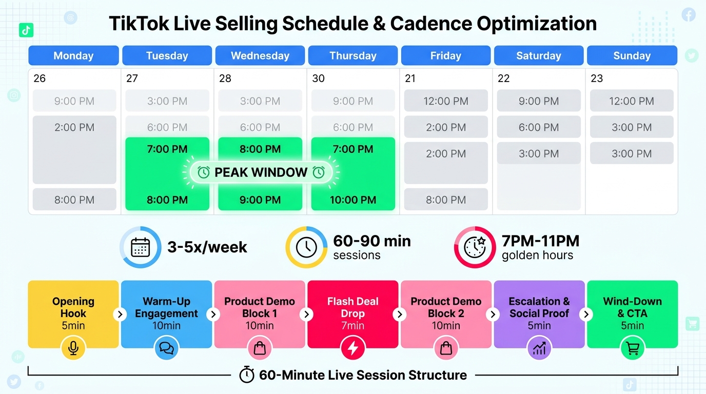TikTok Live selling schedule showing peak hours, session length, and weekly cadence optimization