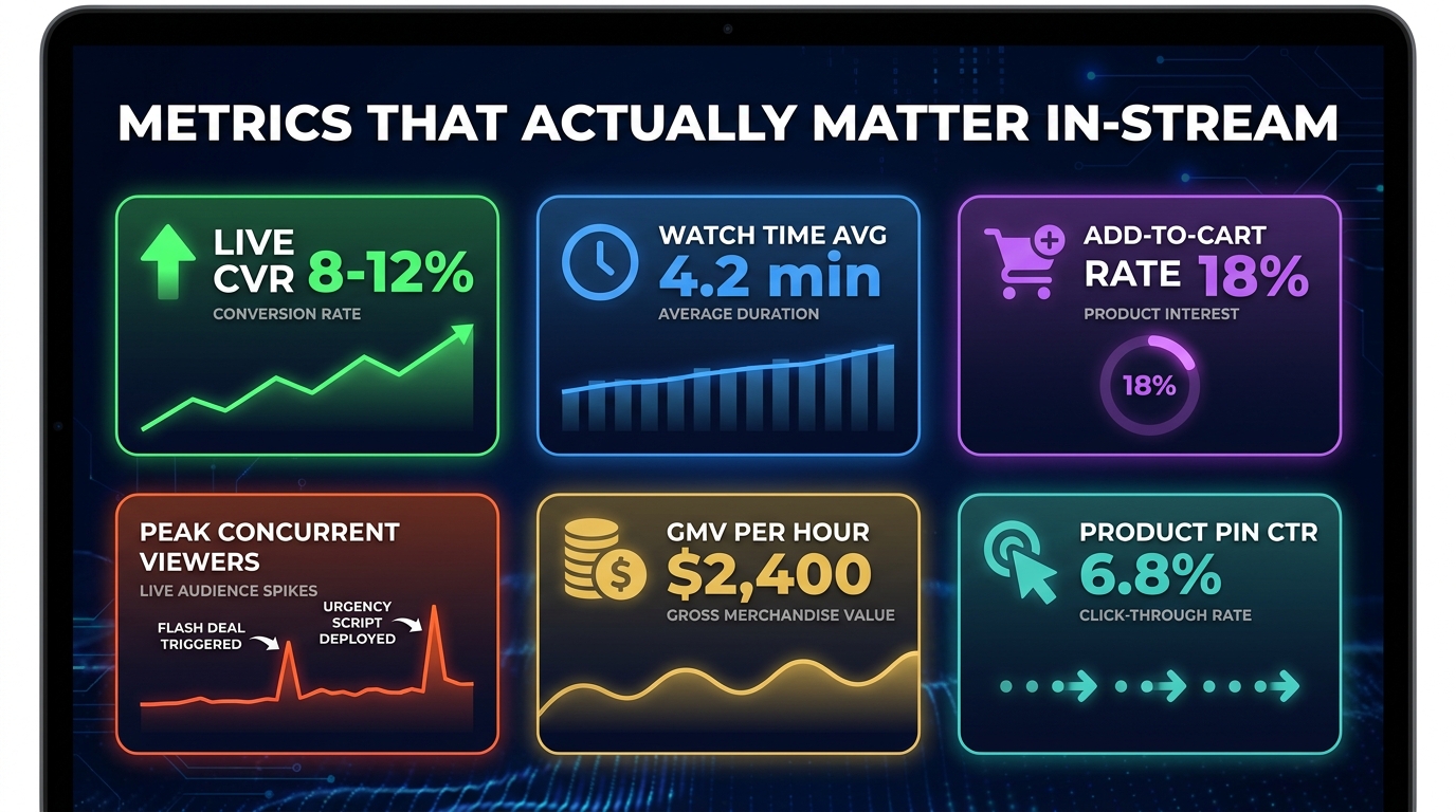 TikTok Shop Live KPI dashboard showing conversion rate, watch time, GMV per hour, and product pin click-through