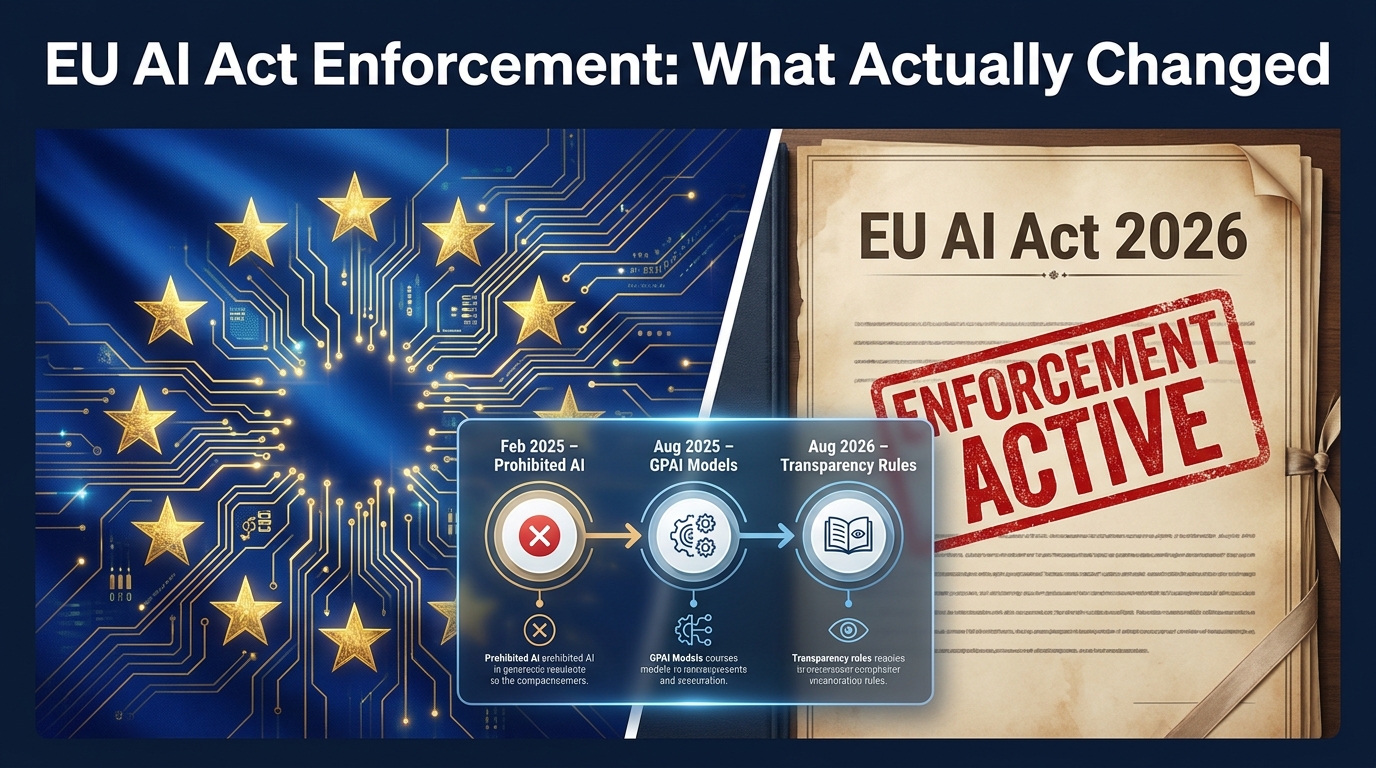 EU AI Act Enforcement 2026 – compliance timeline showing three phases: Feb 2025, Aug 2025, and Aug 2026