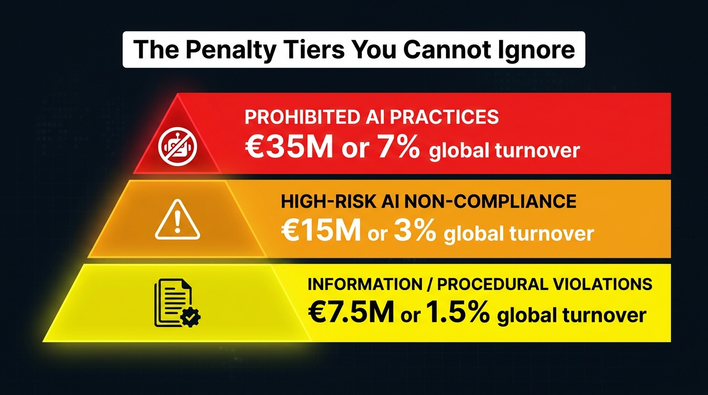 EU AI Act penalty pyramid showing three tiers: €35M/7% for prohibited AI, €15M/3% for high-risk violations, €7.5M/1.5% for information violations