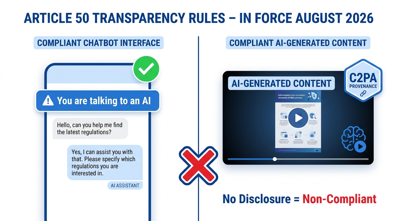 Article 50 EU AI Act transparency compliance showing chatbot AI disclosure badge and AI-generated content watermark requirements