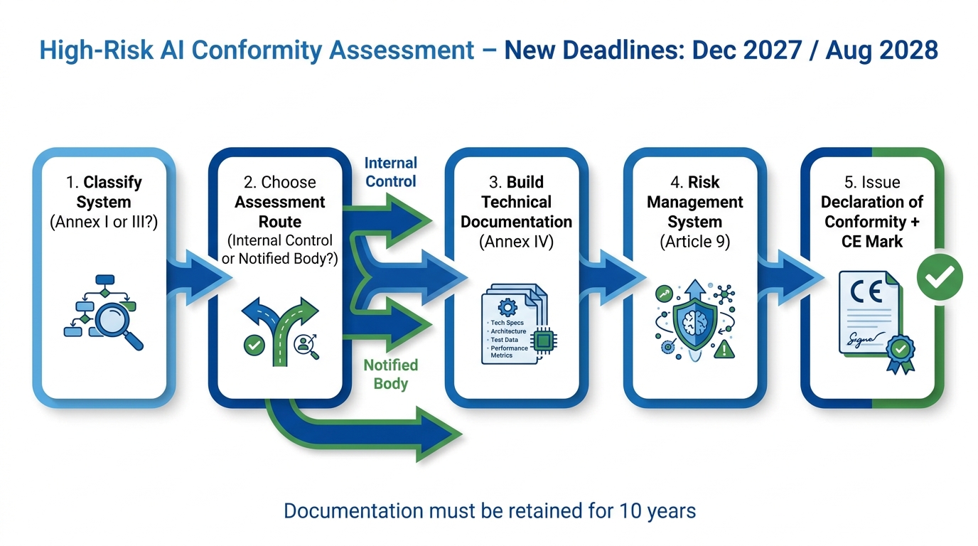 EU AI Act high-risk AI conformity assessment process flowchart showing five stages from system classification to Declaration of Conformity