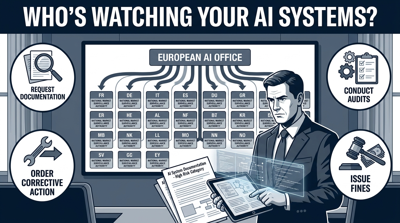 EU AI Act enforcement architecture diagram showing European AI Office at top connected to 27 national market surveillance authorities, with enforcement powers including documentation requests, audits, and fines