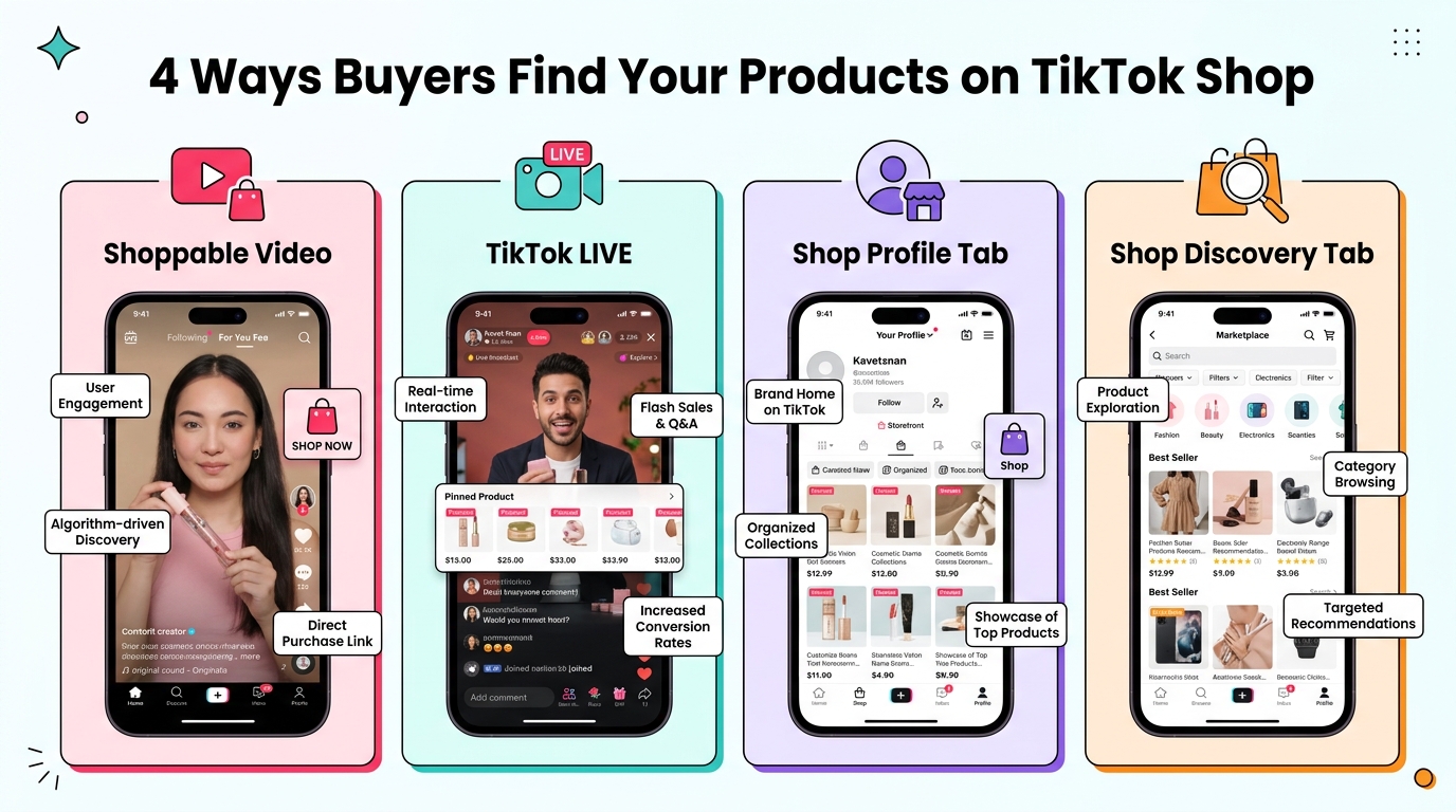 Four sales surfaces on TikTok Shop: shoppable video, TikTok LIVE, shop profile tab, and shop discovery tab