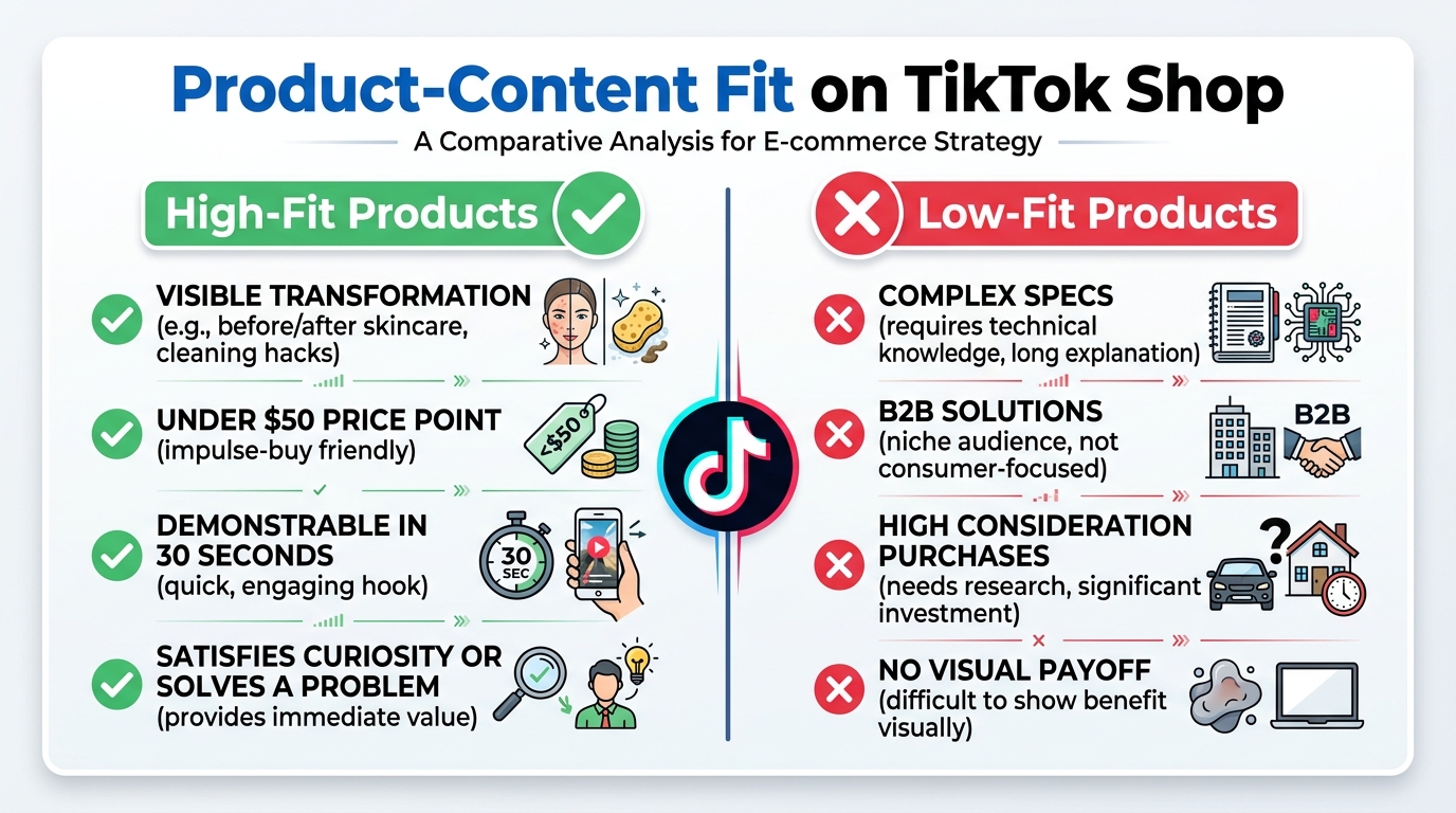 Product-content fit matrix for TikTok Shop: high-fit vs low-fit product categories