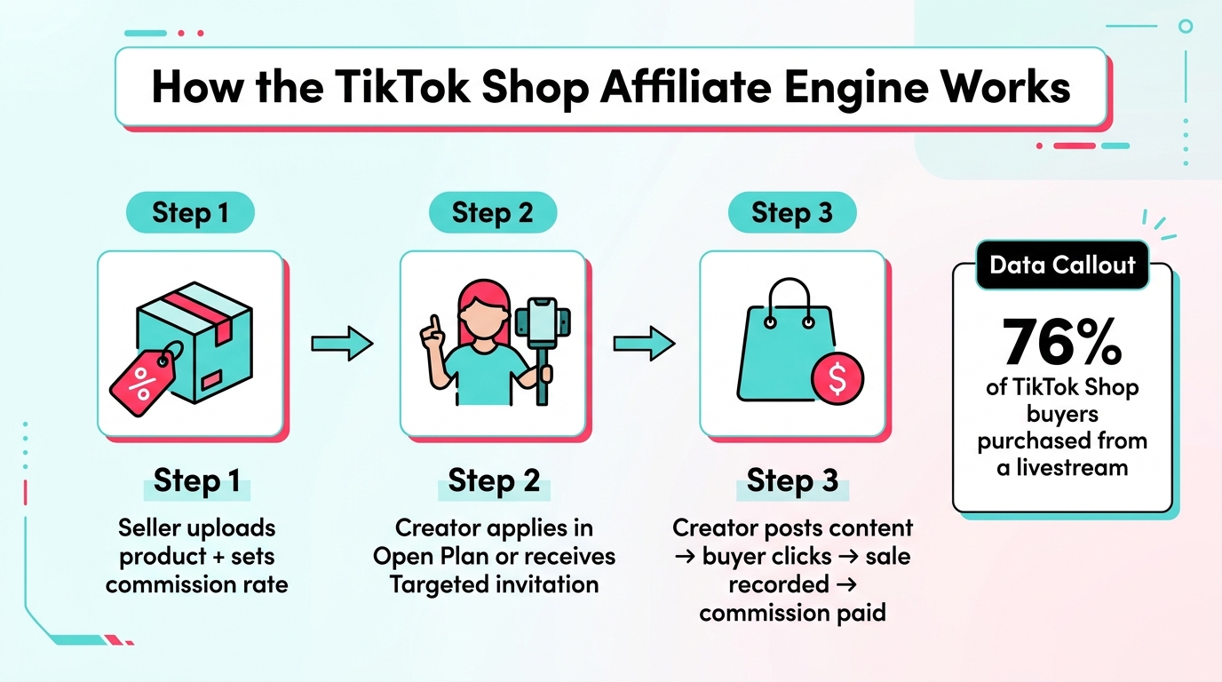 How TikTok Shop's affiliate creator program works — from product upload to commission payout
