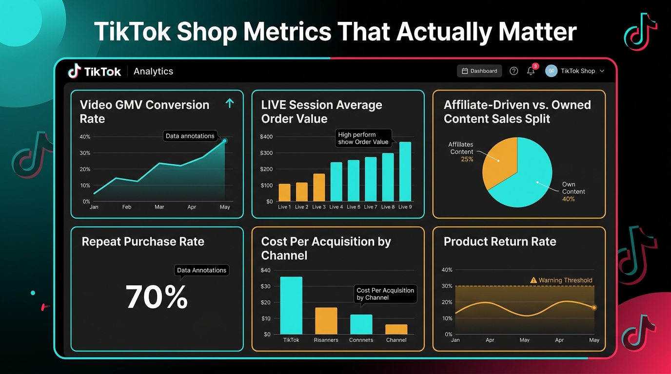 TikTok Shop seller analytics dashboard showing key metrics including GMV conversion rate, average order value, affiliate sales split, and repeat purchase rate