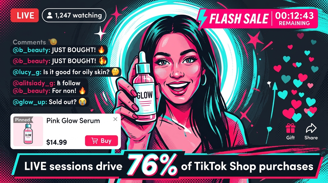 TikTok Shop LIVE session showing creator with product, viewer count, pinned product cards, and flash sale timer