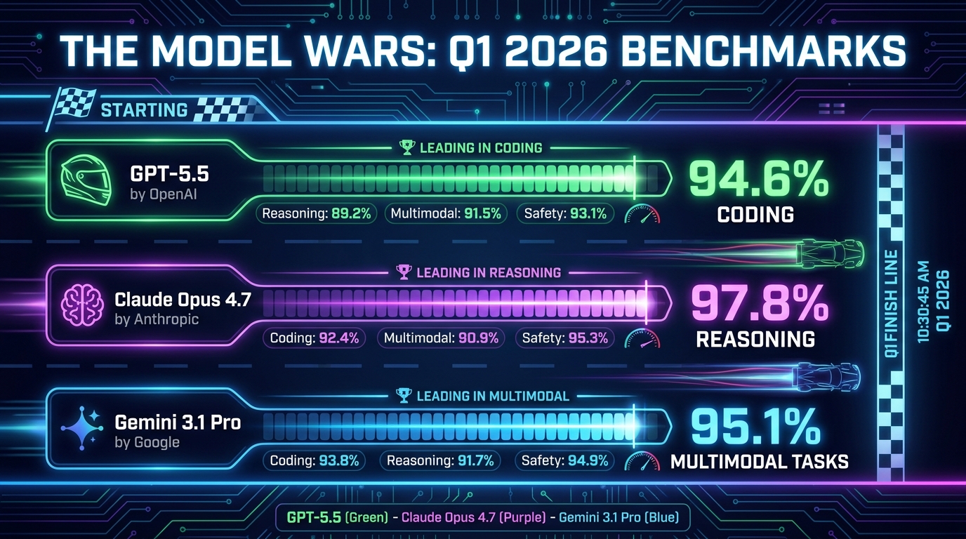 Q1 2026 AI benchmark comparison — GPT-5.5, Claude Opus 4.7, and Gemini 3.1 Pro racing scoreboard showing benchmark scores