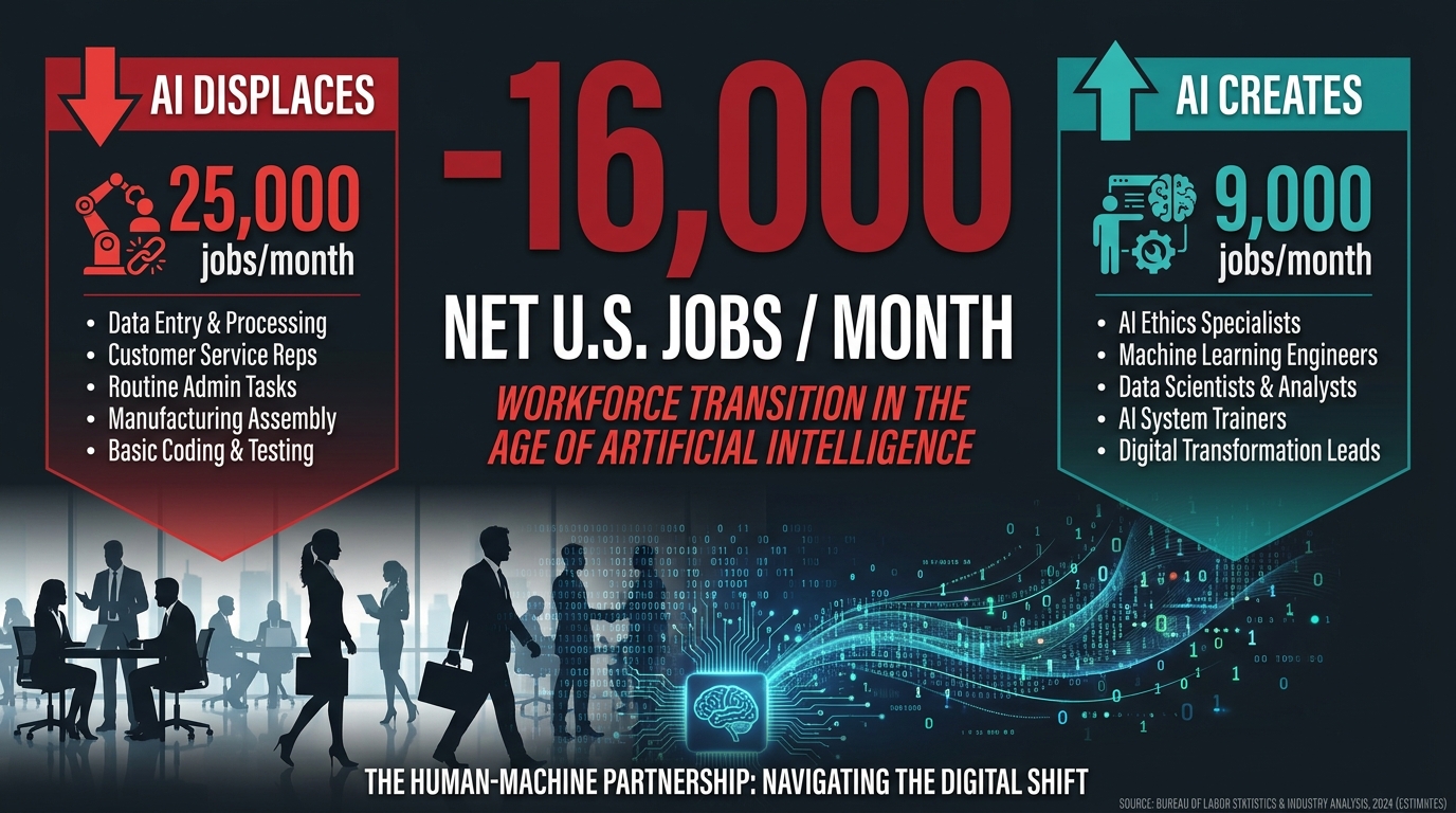 AI workforce impact infographic showing net loss of 16,000 U.S. jobs per month — 25,000 displaced versus 9,000 created