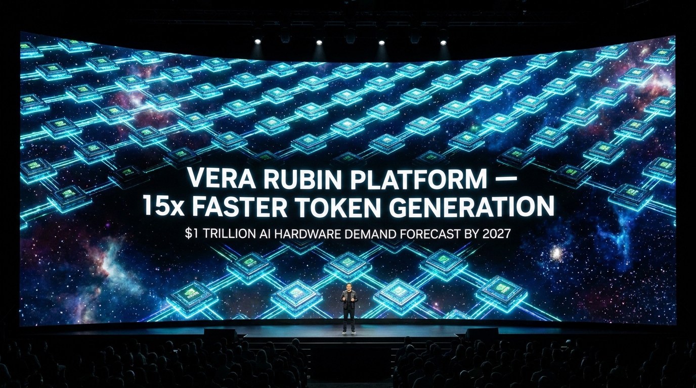 Nvidia Vera Rubin AI Platform at GTC 2026 — chip architecture visual with 15x faster token generation stat and $1 trillion hardware demand forecast
