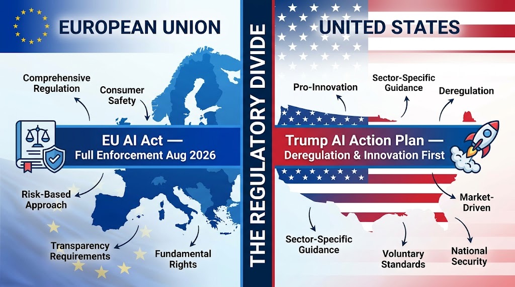 AI regulatory divide infographic — EU AI Act full enforcement August 2026 versus US Trump AI Action Plan deregulation approach