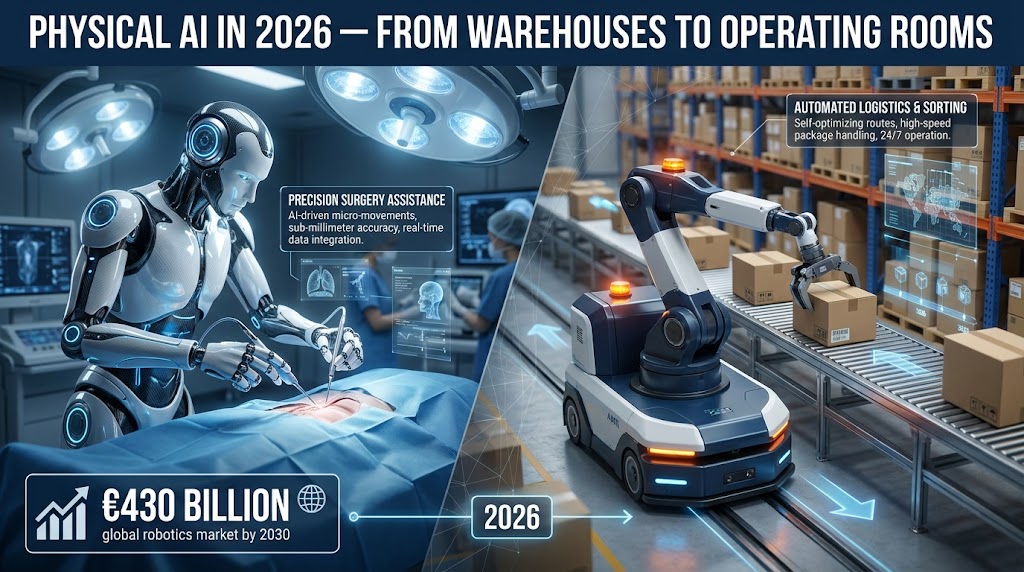 Physical AI in 2026 — humanoid robotics in warehouse and operating room settings with €430 billion global market forecast